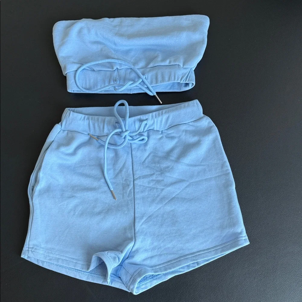 Superdown Light Blue Athletic Lounge Shorts and Tube Top Set Size XS - Picture 2 of 9